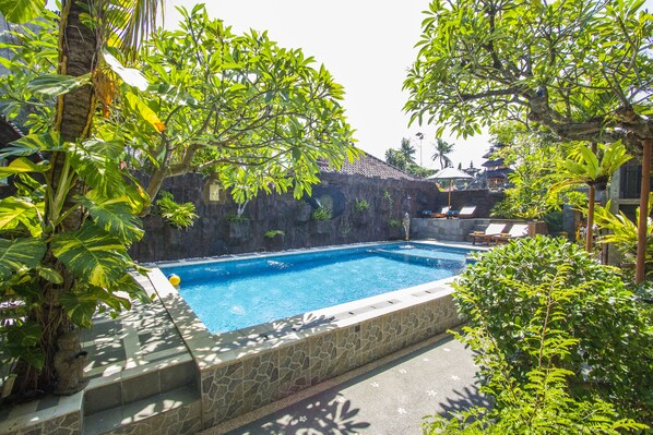 Outdoor pool, pool umbrellas, pool loungers