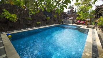 Outdoor pool, pool umbrellas, pool loungers