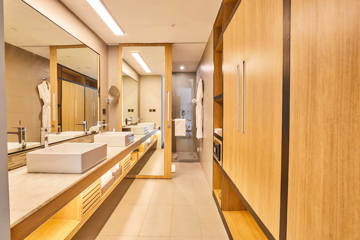 shower, rainfall showerhead, free toiletries, hair dryer