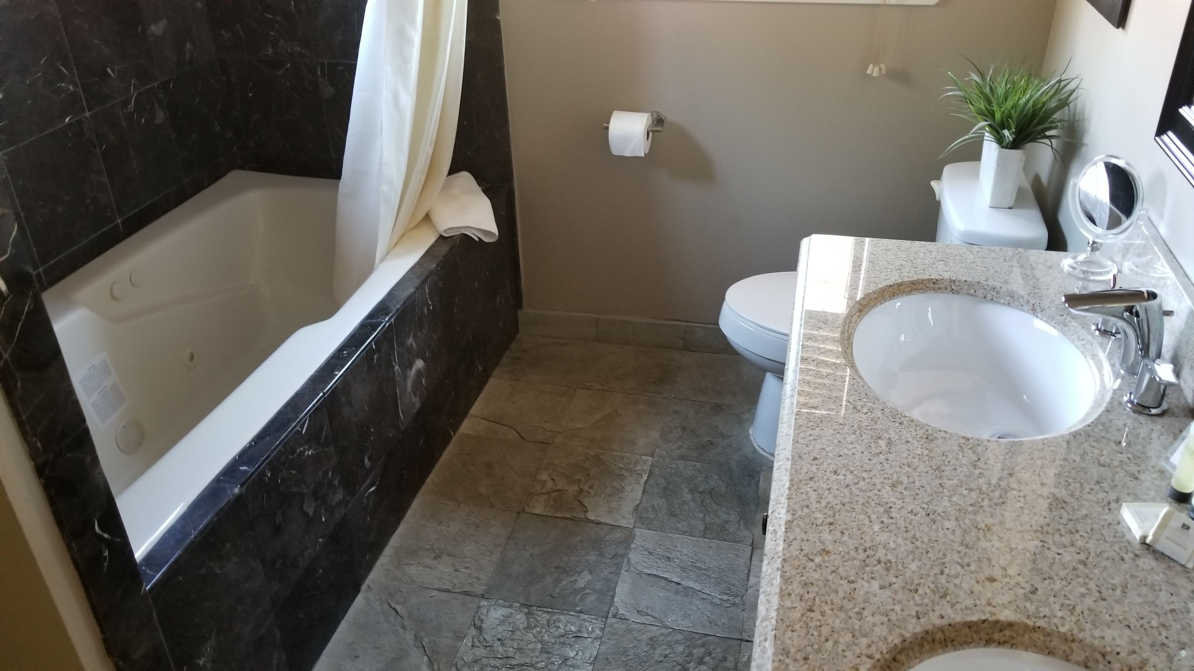 Une salle de bain avec une baignoire, des toilettes et un lavabo.