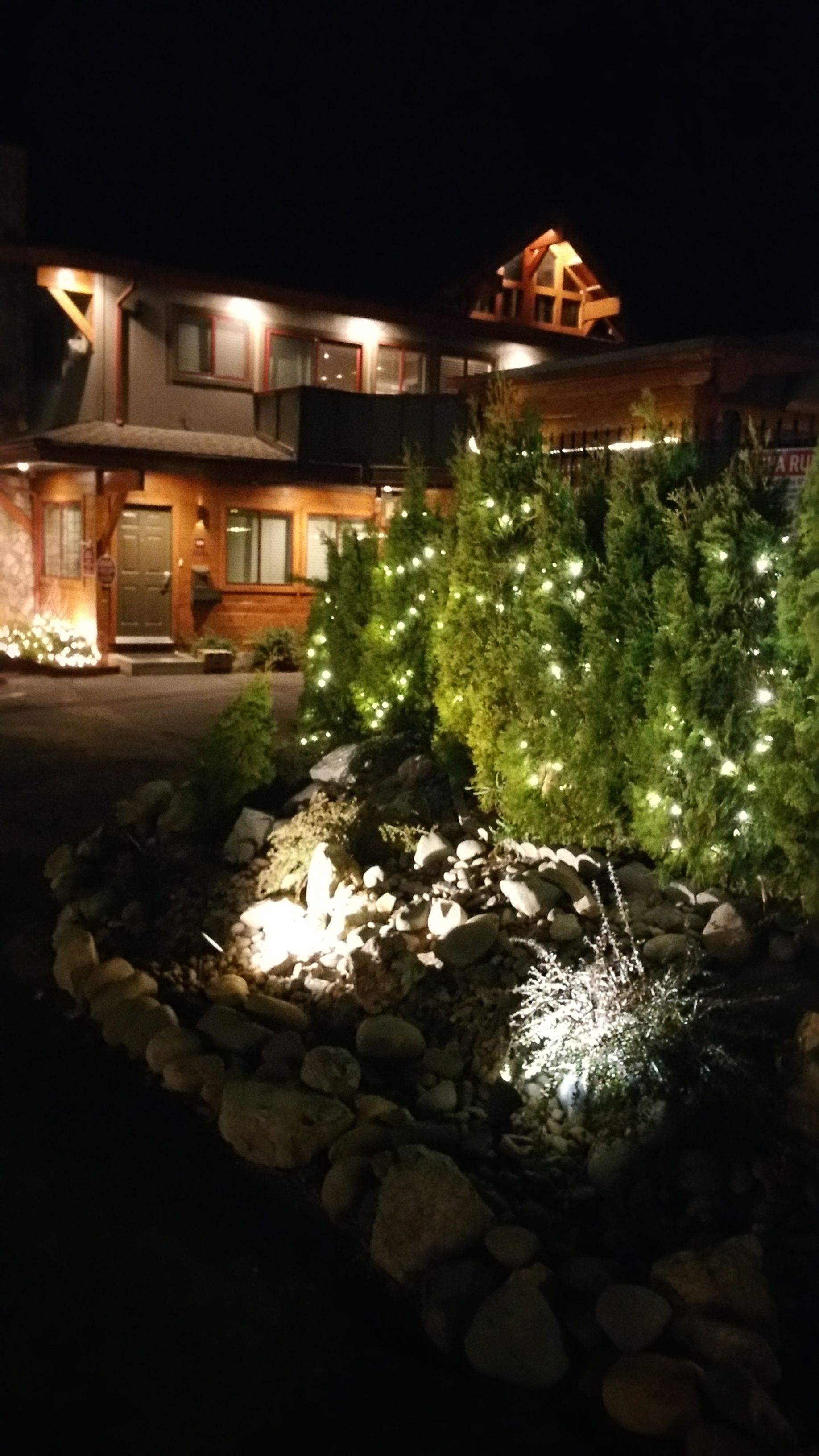 Un edificio con un ingresso ben illuminato, un piccolo albero decorato con luci e un giardino roccioso.