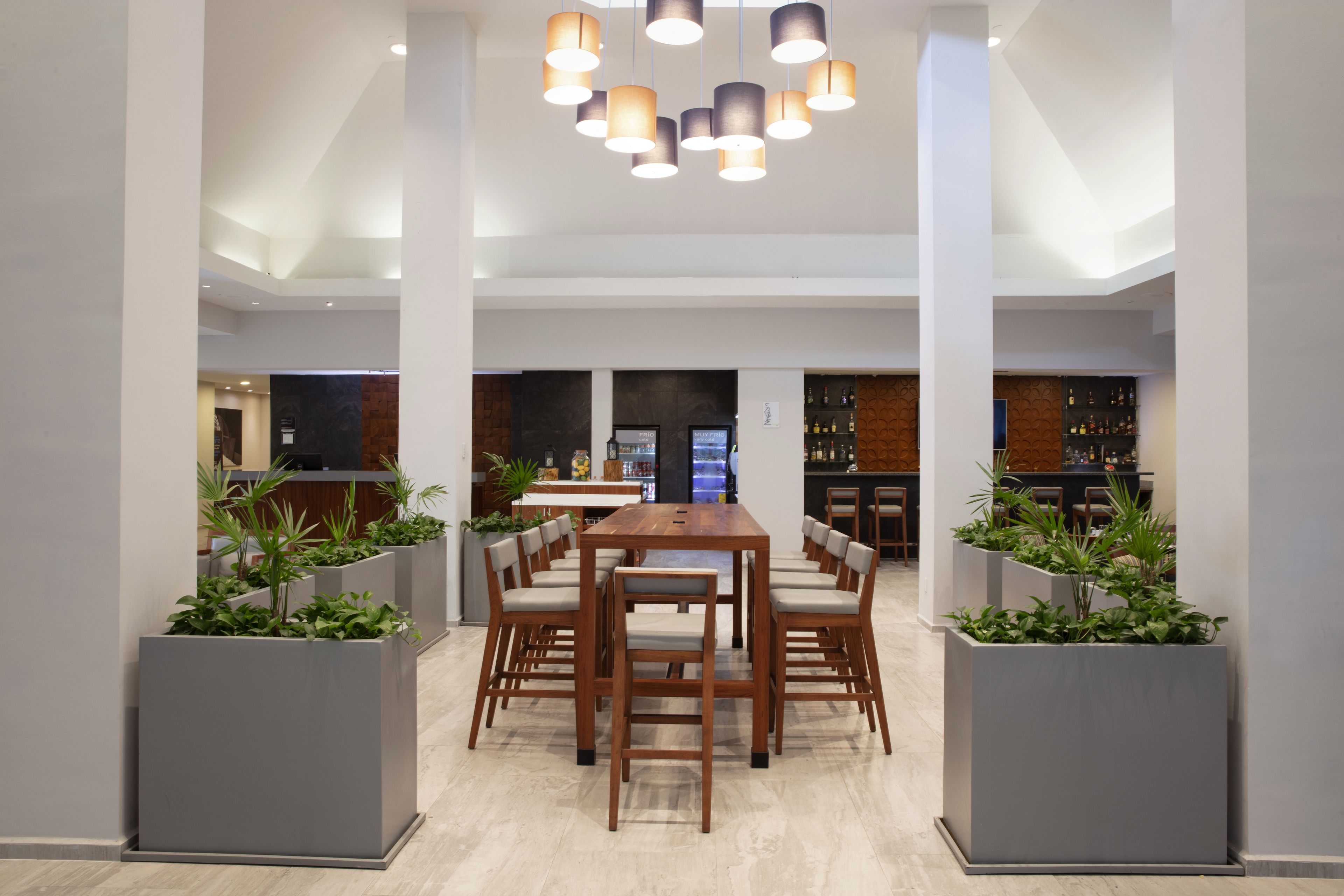 A modern dining area with a wooden table and chairs, surrounded by grey planters with green plants.