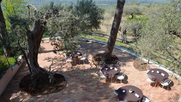 A patio with round tables and chairs, surrounded by trees and a brick floor. - Antica Villa di Bruto (Tivoli)