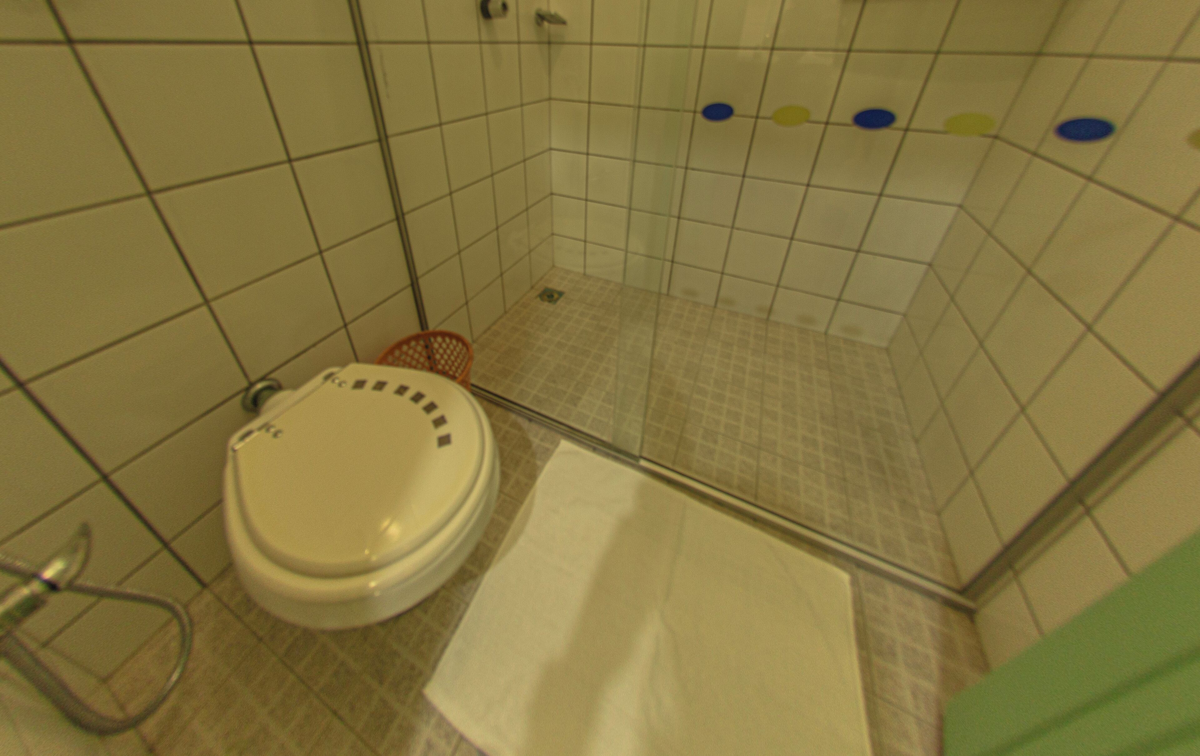 Un baño con inodoro, ducha y lavamanos.