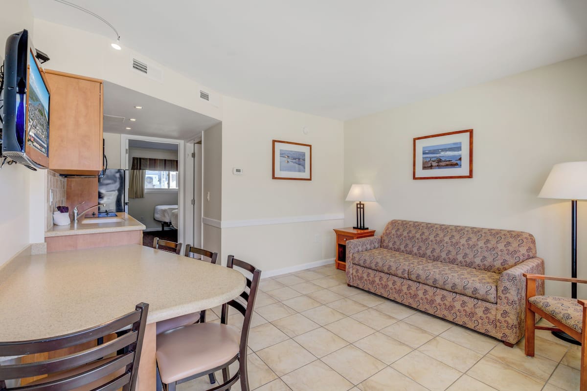 A compact living space with a kitchenette, a dining area, and a sofa.