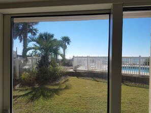 A view through a window of a grassy area with palm trees, a white fence, and a pool. - Windancer by Crystal Waters (Destin)