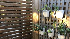 A wooden fence with potted plants, including a mosaic pot and a hanging planter.