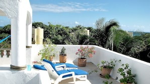 A rooftop terrace with white walls, blue lounge chairs, and potted plants. - LOVELY VILLA IN PLAYACAR PHASE 1,  PRIVATE POOL (playa del carmen)