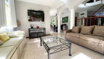 TV, DVD player, books, stereo