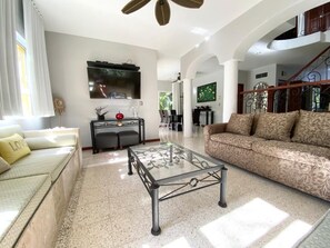 Televisio, DVD-soitin, kirjoja, stereot