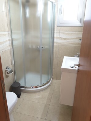 A bathroom with a glass shower enclosure, a white sink, and a toilet.