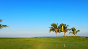 Ein Golfplatz mit freiem Blick auf den Ozean, Palmen und einer Fahne.