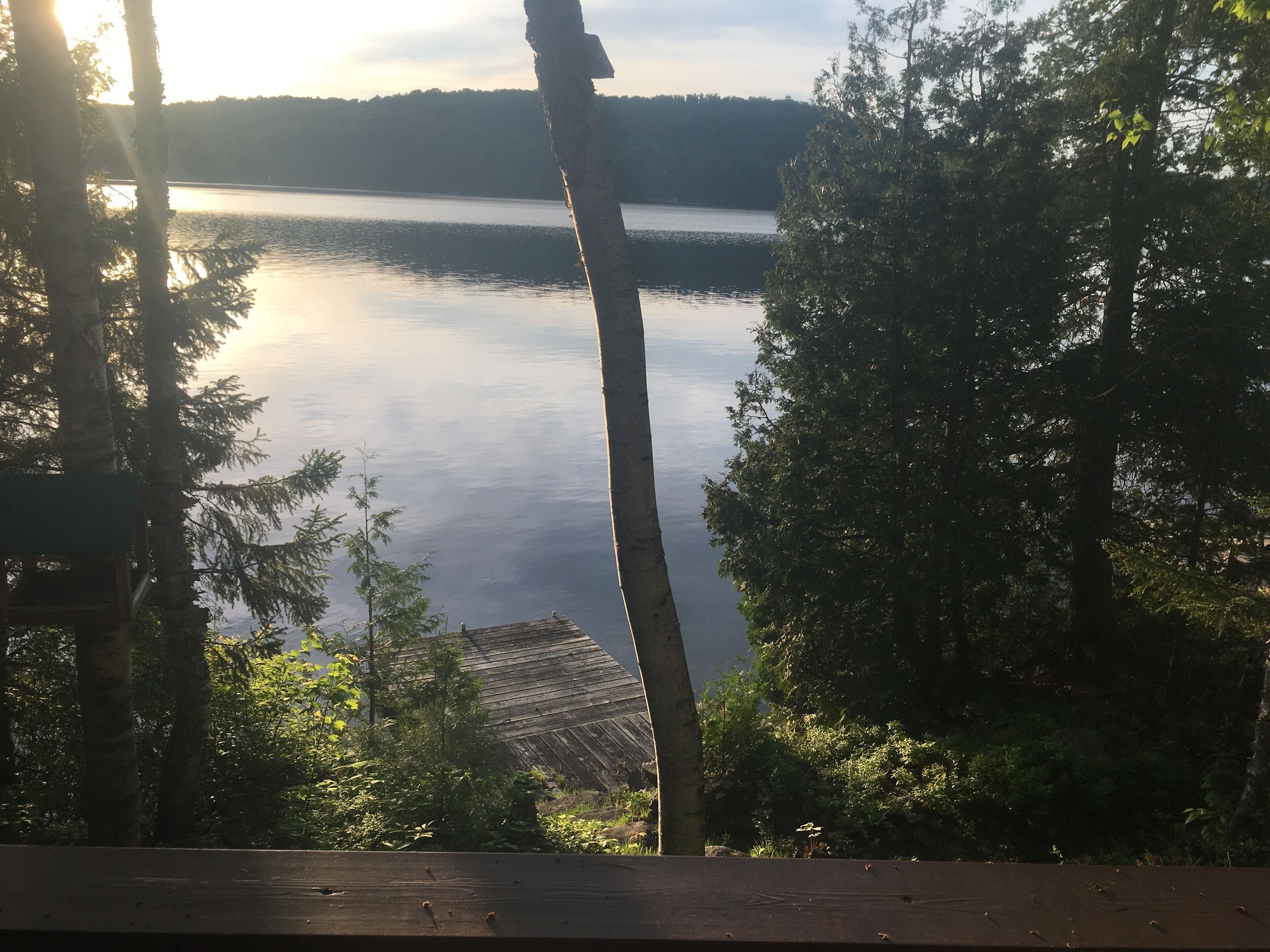 A view of a lake surrounded by trees, with a wooden deck in the foreground.