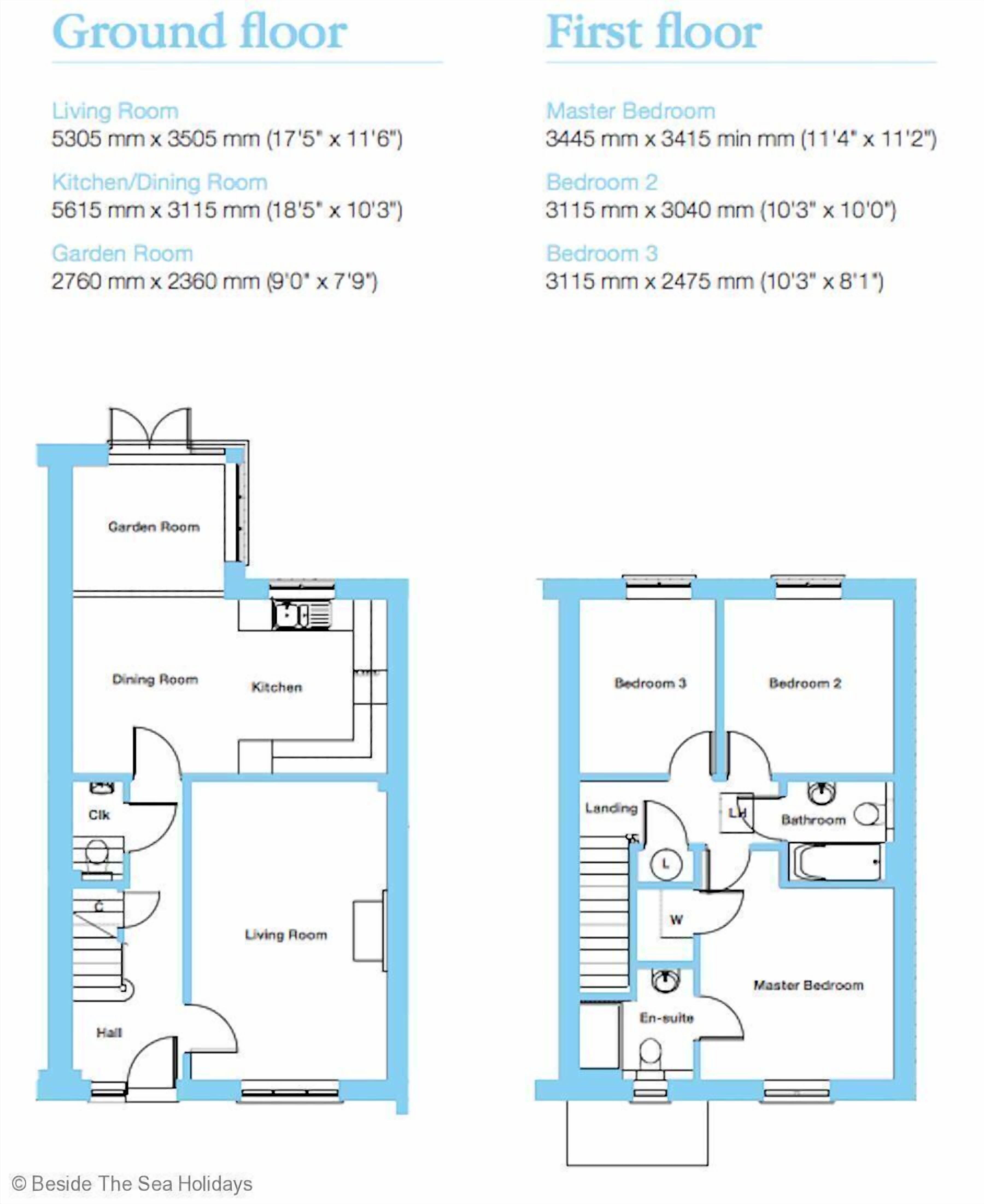 Grundriss eines Hotels, der eine Erdgeschossanlage zeigt, einschließlich Wohnzimmer, Küche/Essbereich, Wintergarten, Esszimmer, Küche und Flur. Der Grundriss des ersten Stockwerks umfasst ein Hauptschlafzimmer, zwei Schlafzimmer, eine Zwischenablage, ein Badezimmer und ein en-suite Badezimmer.