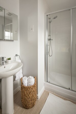 Combined shower/bathtub, hair dryer
