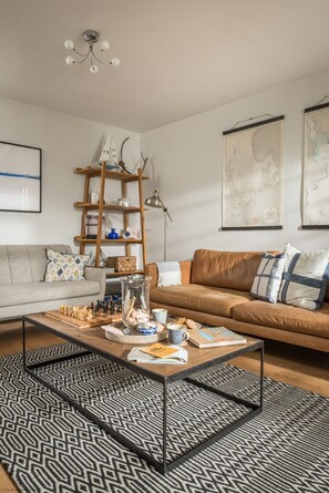 Flat-screen TV, fireplace, DVD player, books