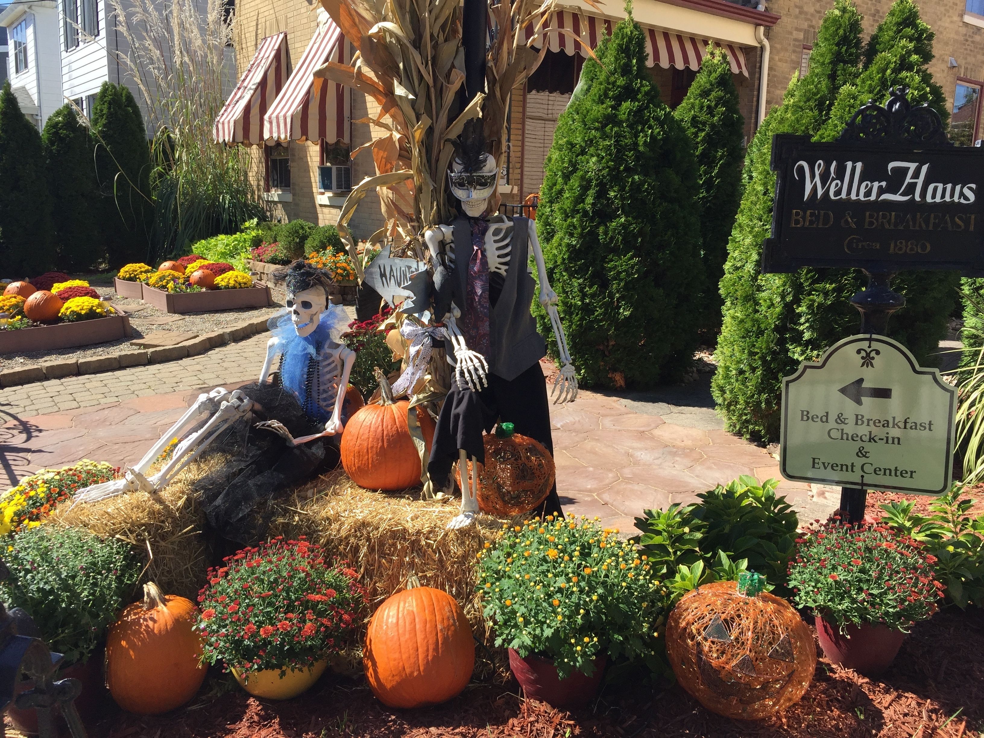 A Halloween-themed display with skeletons, pumpkins, and a sign for Weller Haus Bed & Breakfast.