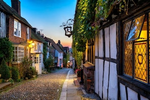 Une ruelle étroite pavée de pierres, bordée de maisons traditionnelles à colombages, un pub avec une enseigne et une lanterne suspendue.