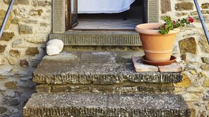 A stone building with a wooden door leading to a room with a white tablecloth. There is a potted plant on the steps. - Nice apartment for 2 people with WIFI, pool, TV and pets allowed, close to Arezzo (Capolona)