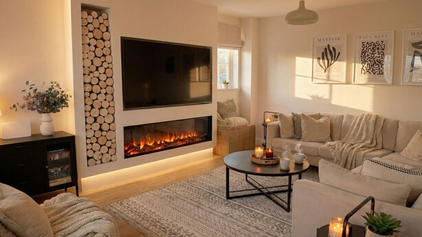 A modern living room with a fireplace, a large flat-screen TV, and a cozy seating area with a sofa and armchairs.