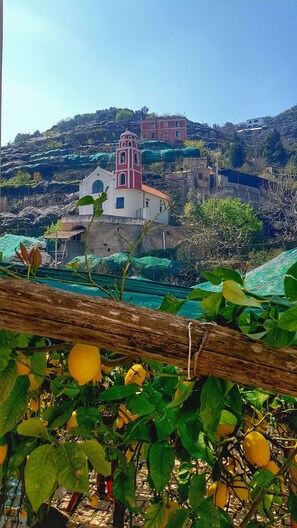 Un pueblo costero con una torre de iglesia destacada, campos en terrazas y una valla de madera con plantas cítricas.