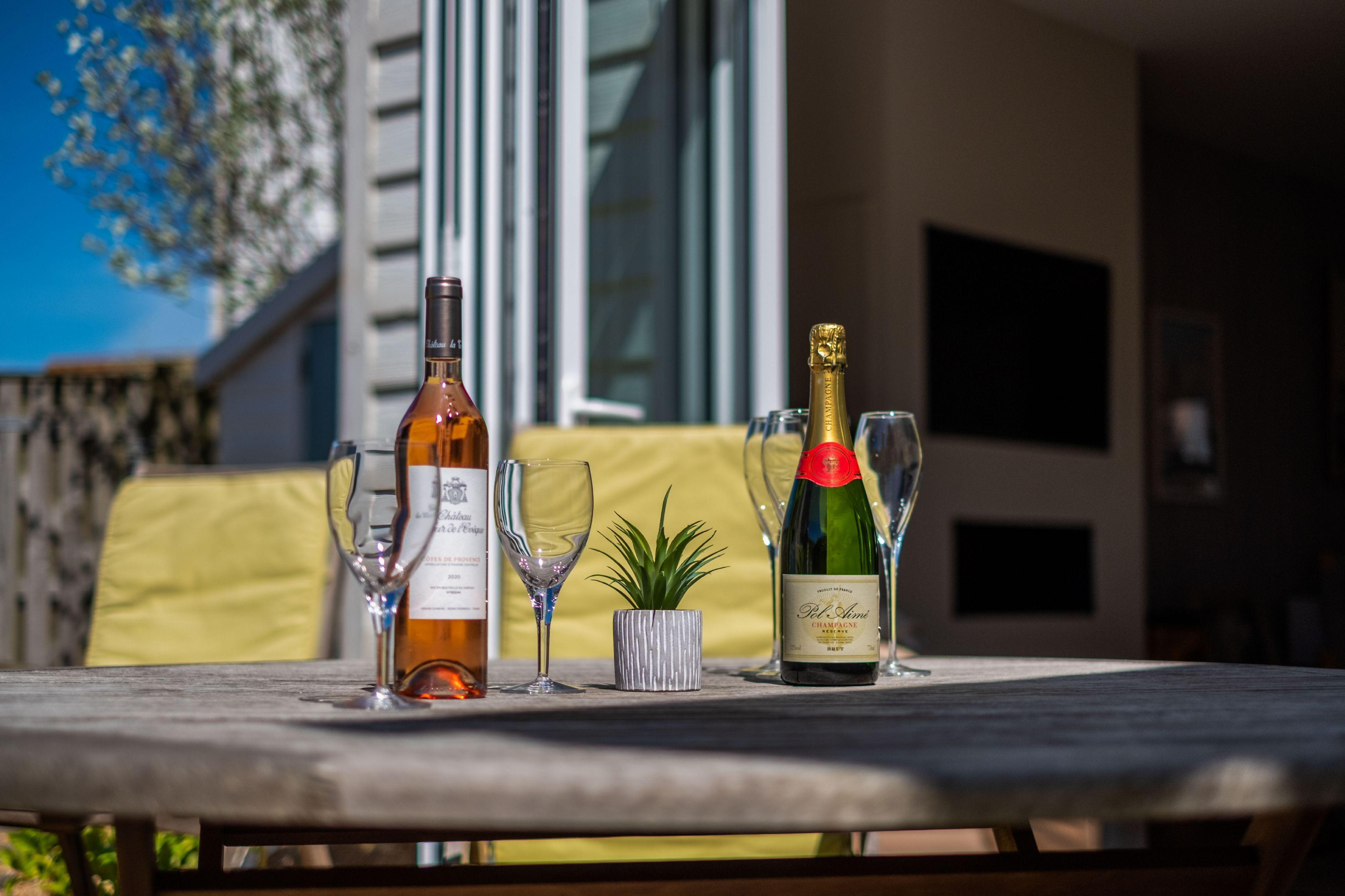 A table with two bottles of champagne and two wine glasses, a small potted plant, and a yellow cushion on a patio table.