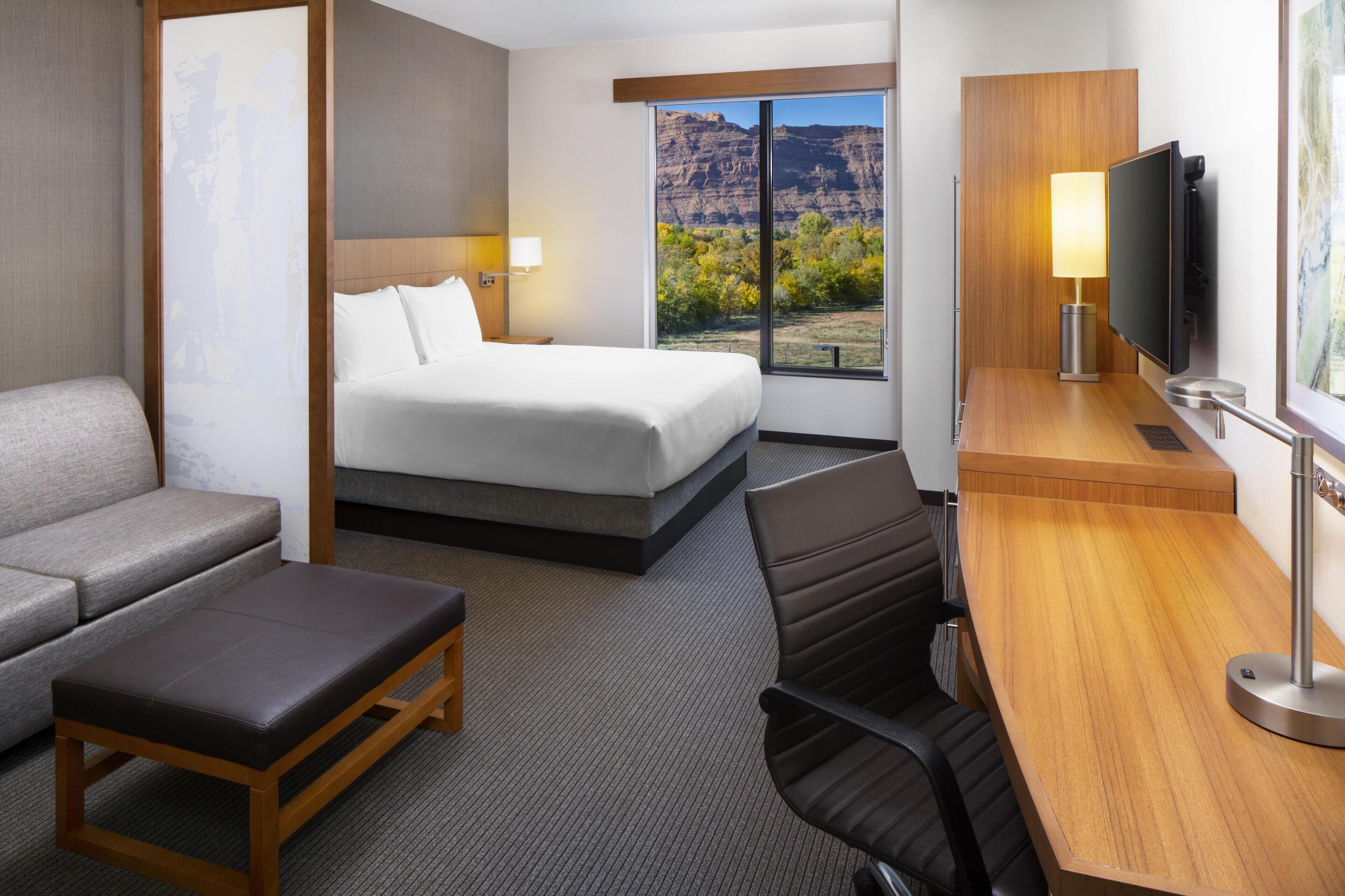 A hotel room with a bed, a sofa, a desk with a lamp, a TV, and a view of mountains.