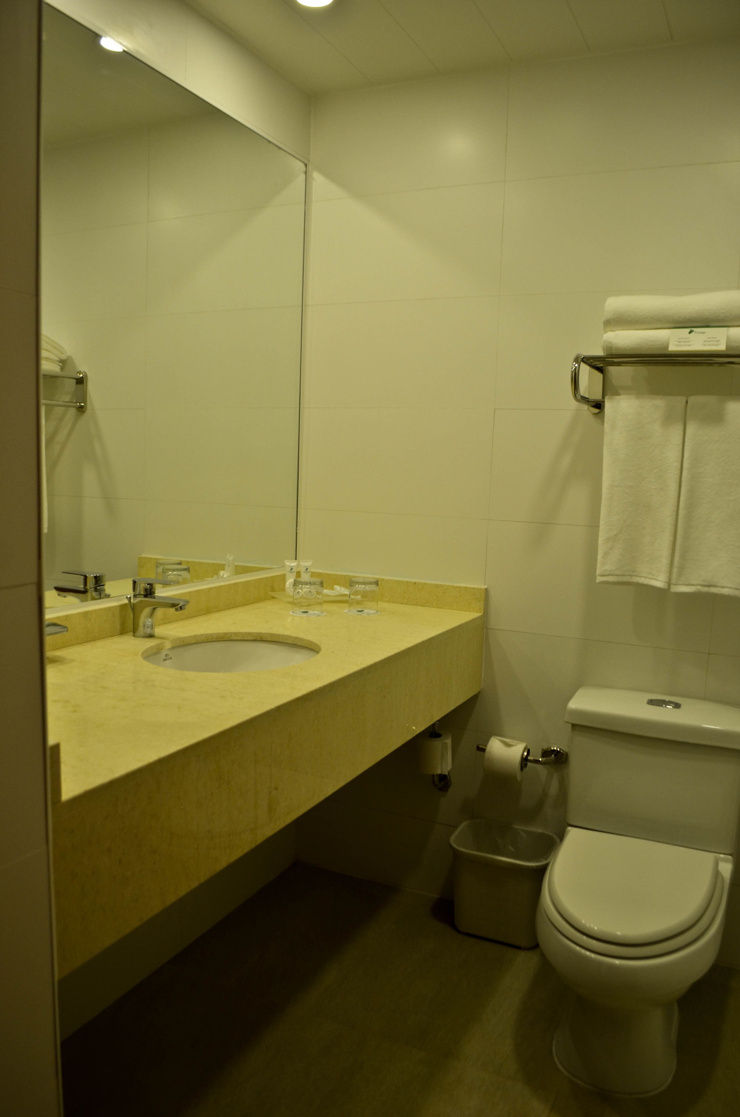 Un baño con lavamanos, espejo, inodoro y un cubo de basura.