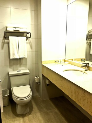 A modern bathroom with a toilet, sink, and mirror.