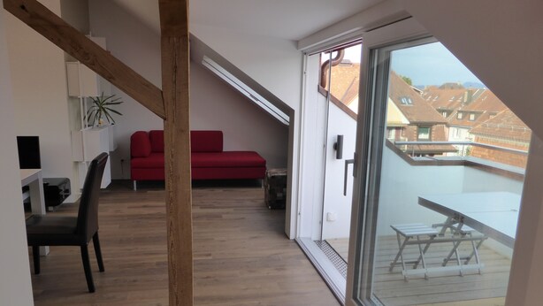 A modern apartment with a wooden floor, a red sofa, a dining area, and a balcony with a view of neighboring houses. - Top modern 2-bedroom penthouse apartment in Bern - Beautiful flat roof in Berne City (Bern)