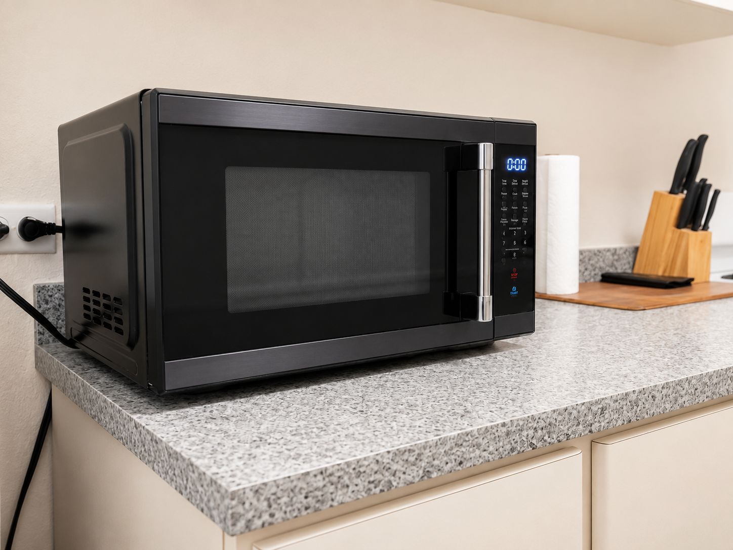 A black microwave oven on a granite countertop with a knife block and a paper towel holder nearby.