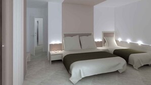 Ein modernes Schlafzimmer mit zwei Betten, einem Nachttisch und Einbaustrahlern.