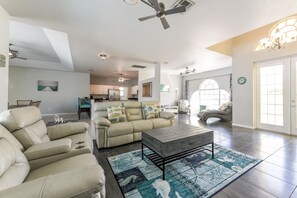 Smart TV, DVD player, video library, stereo