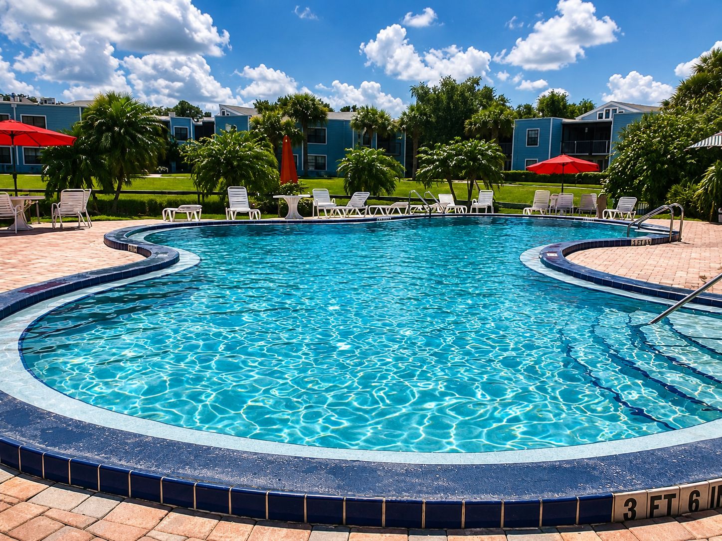 Una piscina con borde de azulejos, rodeada de sillones de descanso y sombrillas, bajo un cielo despejado.