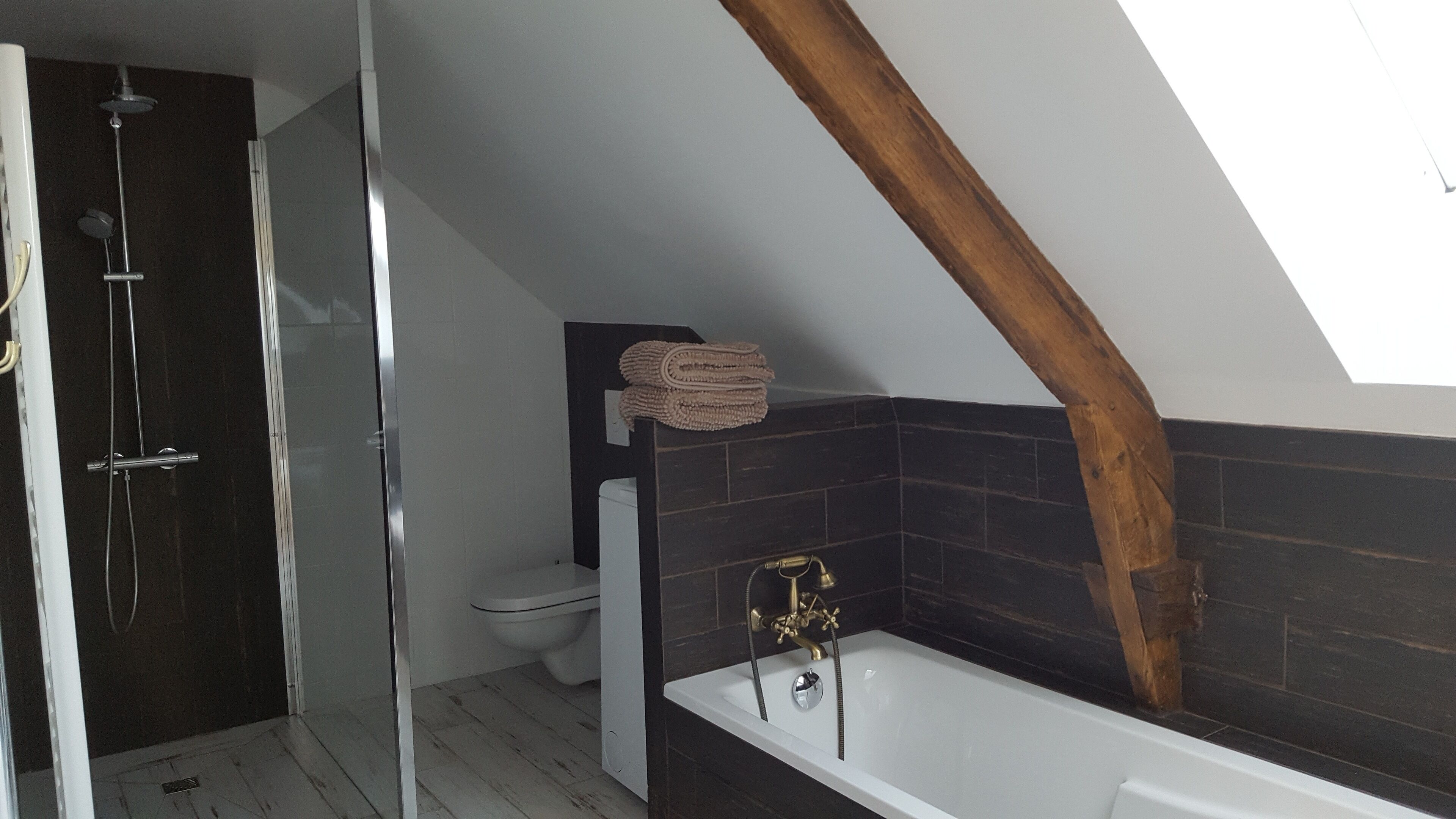 A modern bathroom with a shower, toilet, and bathtub.