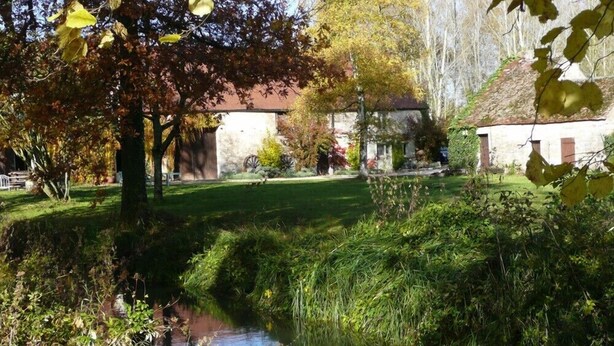A serene outdoor setting with a small pond, lush greenery, and traditional stone buildings. - Moulin de Cussigny, charming B&B (Corgoloin)