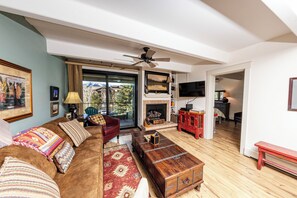 Älytelevisio, takka, DVD-soitin, kirjoja