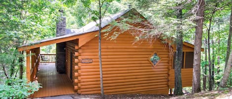 A log cabin with a porch, a door, and a sign that reads "Cabin Jever."