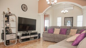 A living room with a flat-screen TV, a grey sofa, and a glass shelving unit. - Big vacational house in Isabela (Moca)