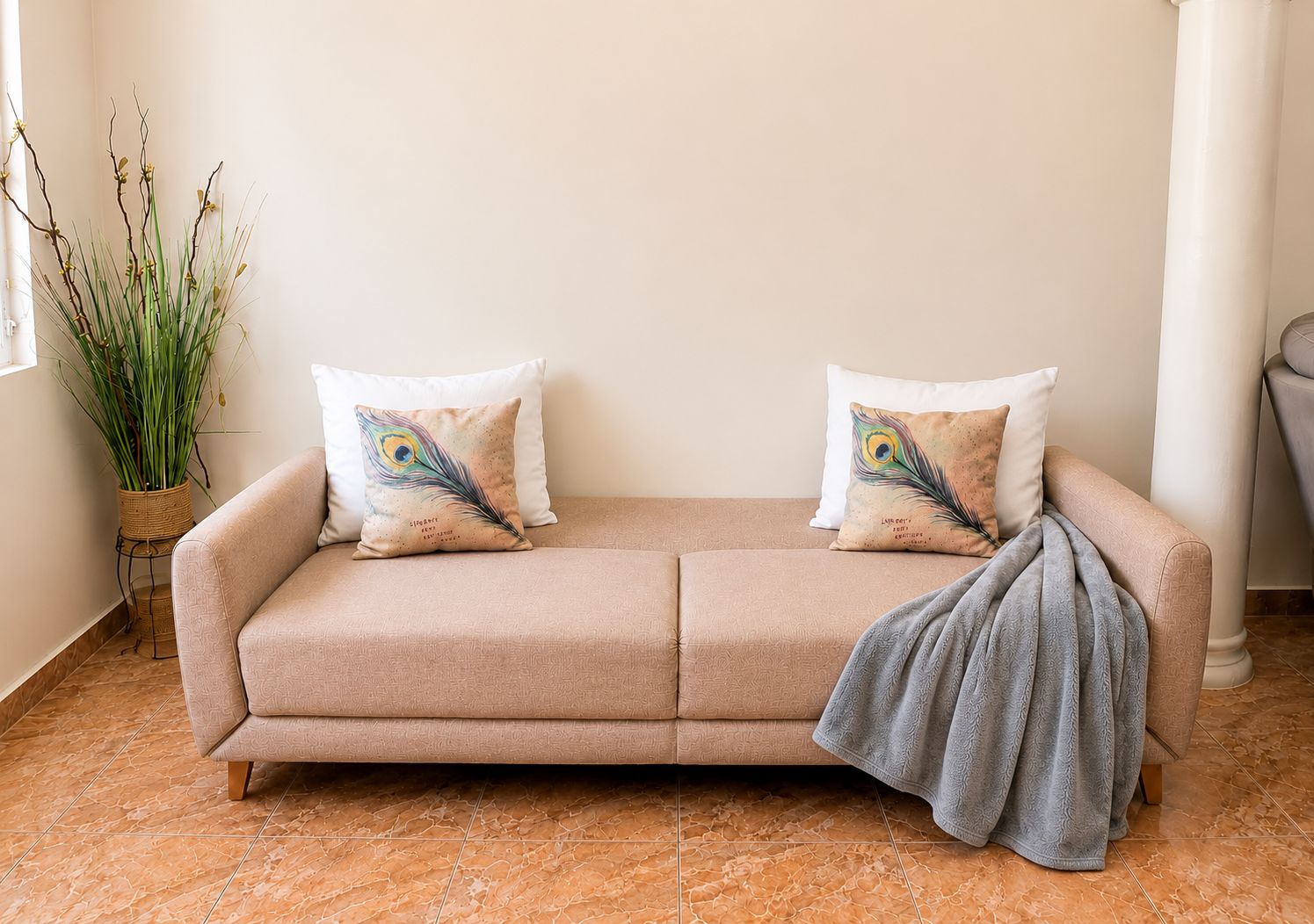 A beige sofa with two decorative pillows, a grey throw blanket, and a potted plant with long green leaves.