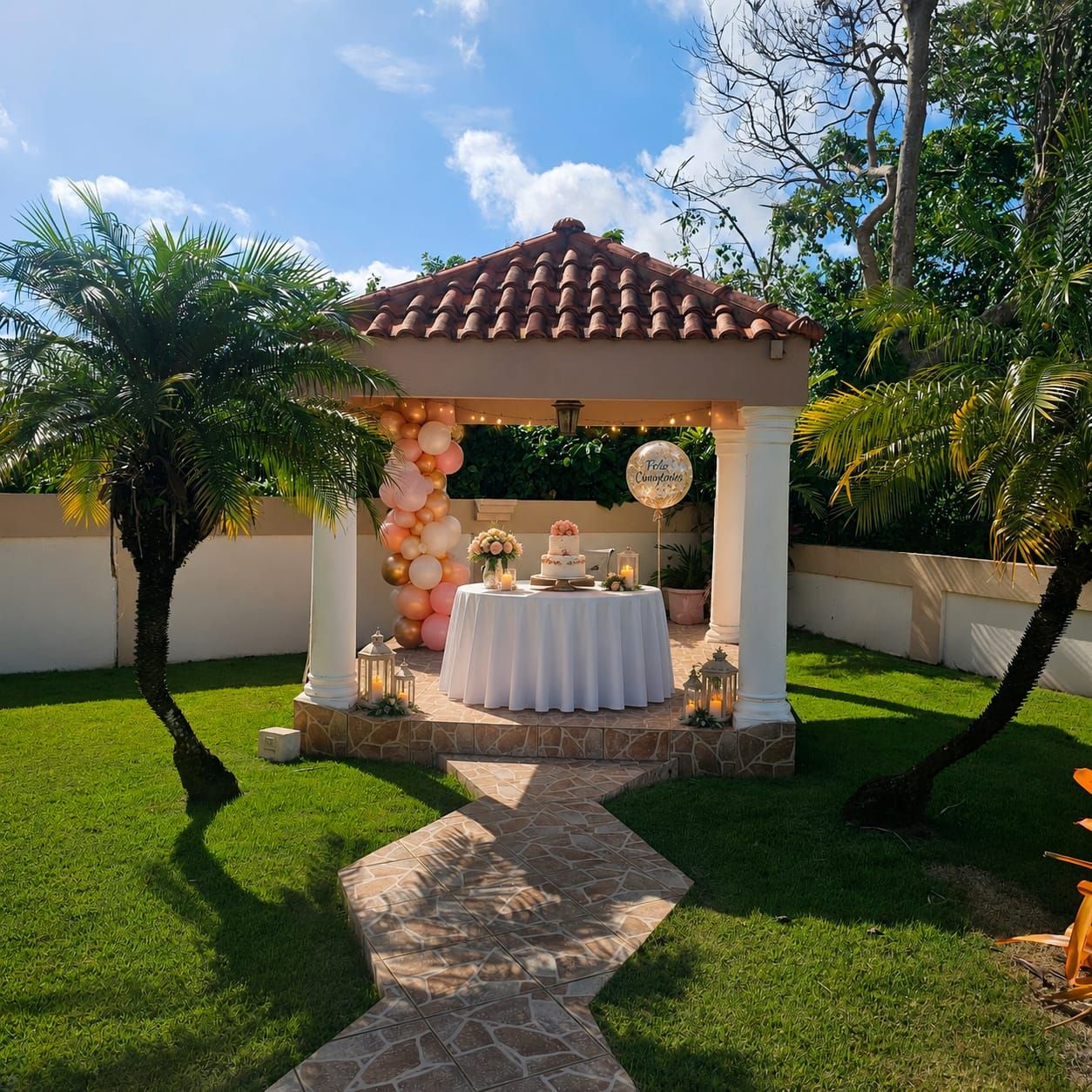 A gazebo with a white table and a cake, surrounded by a stone pathway and palm trees.