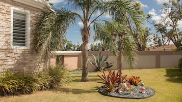 Un giardino curato con palme, diverse piante e un edificio in pietra con una finestra.