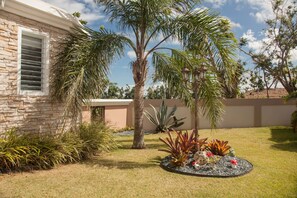 A landscaped garden with palm trees, various plants, and a stone building with a window. - Big vacational house in Isabela (Moca)