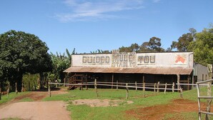 A rustic building with a corrugated metal roof and a sign that reads "GUIDED MULE TOU STABLES". - ALOHA OceanFront Condo w.A/C,  Molokai, Hawaii Watch whales Dec-April. (Kaunakakai)