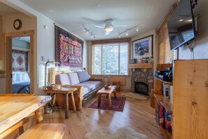 Televisio, takka, DVD-soitin, stereot