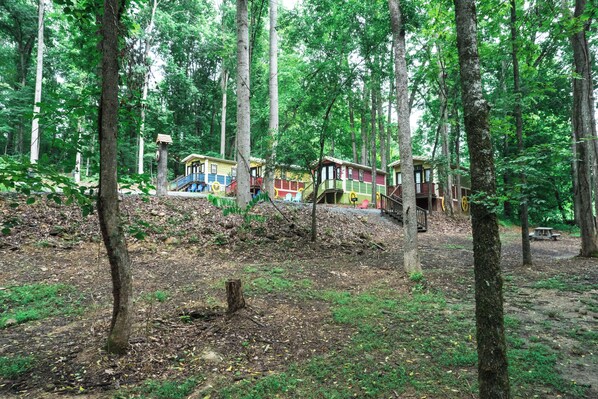 A forested area with colorful cabins.