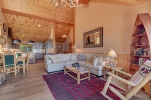Smart TV, fireplace, table football, books