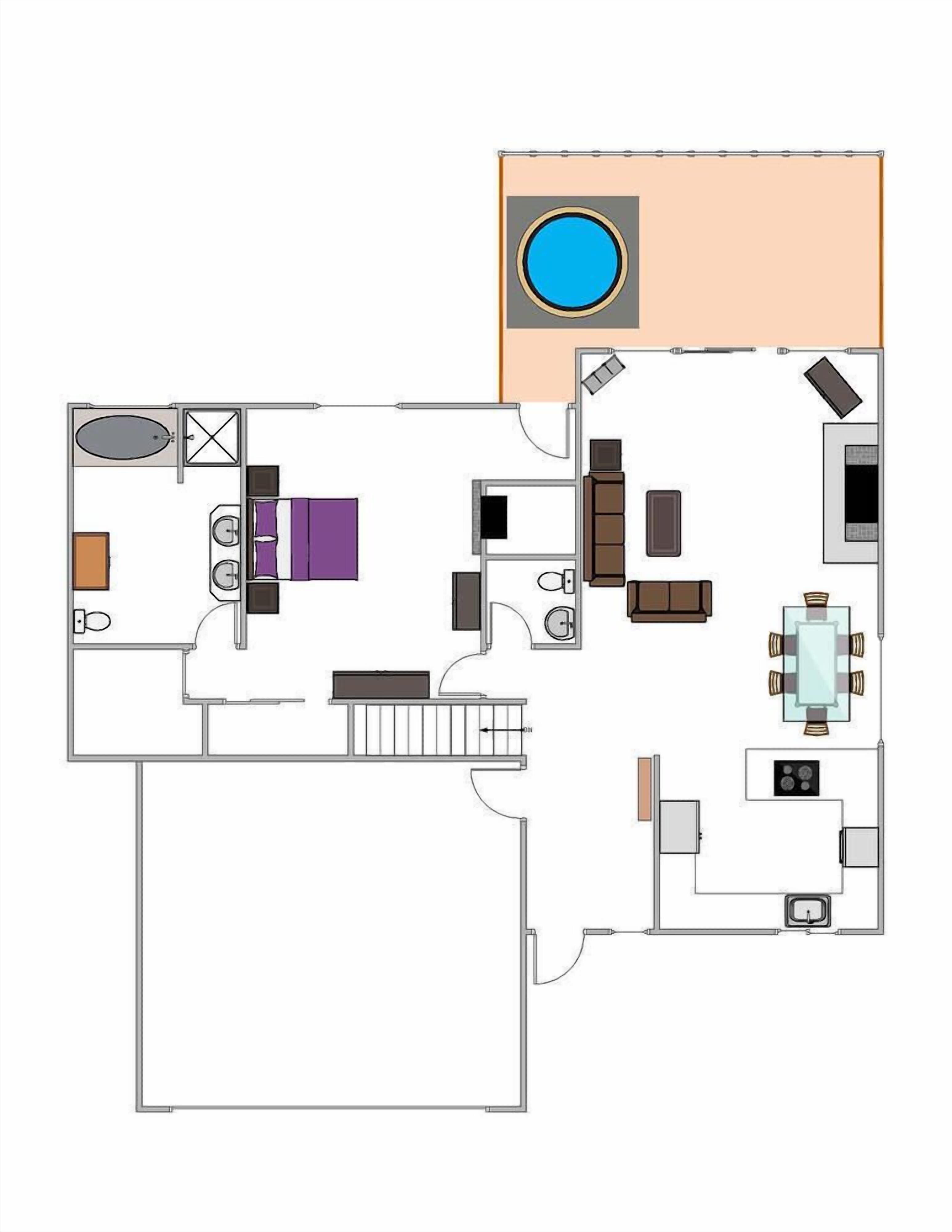 A hotel room layout with a bed, bathroom, kitchenette, and a small dining area.
