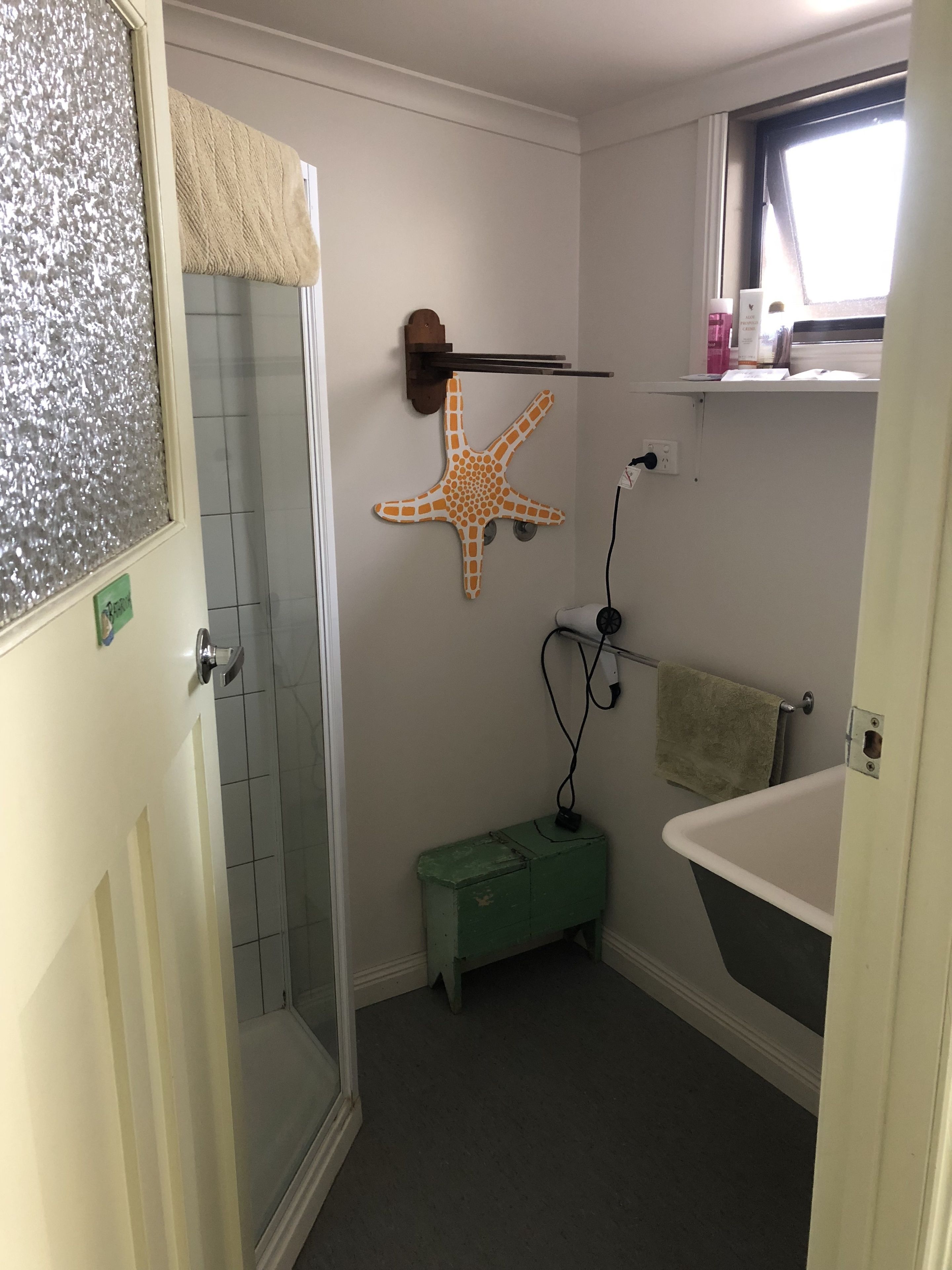 A bathroom with a shower, a bathtub, a towel rack, and a starfish decoration on the wall.