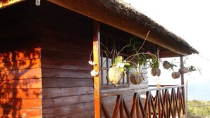 Un edificio de madera con techo de paja y un balcón con macetas colgantes.